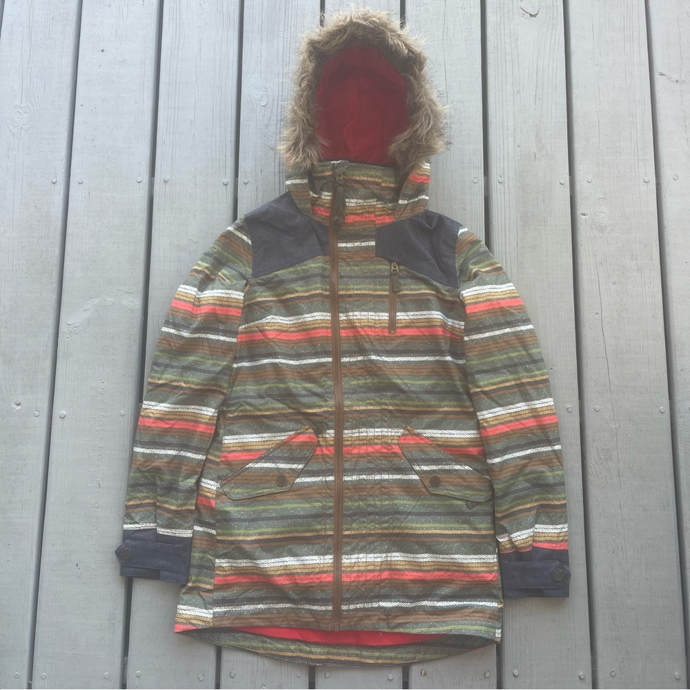 Burton Women’s Hazel Snow Ski Jacket XS Blanket Stripe Faux Fur DryRide